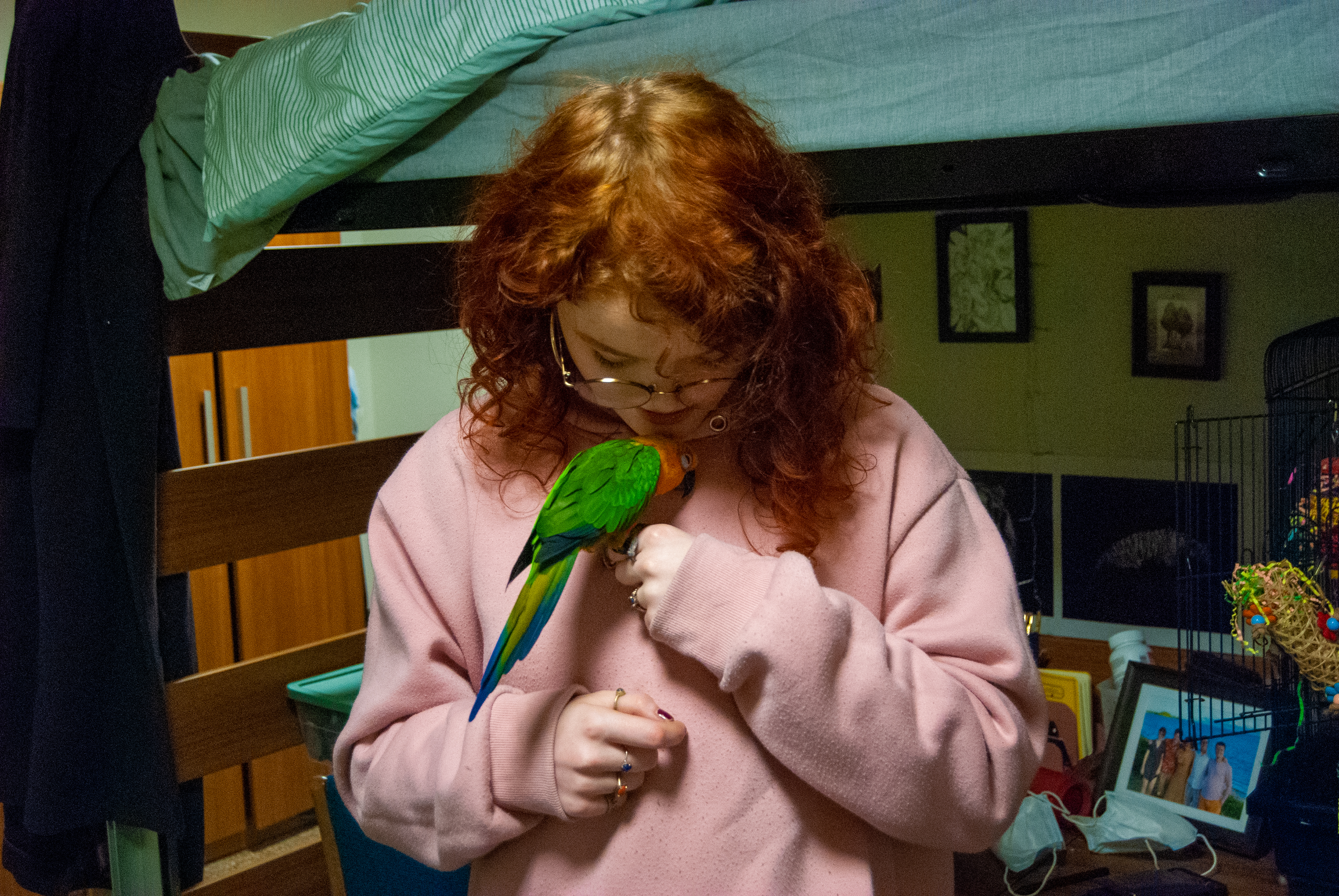 In front of her loft bed, Wade holds Ollie on her finger. Ollie has a yellow head, green body, and a blue and yellow tail