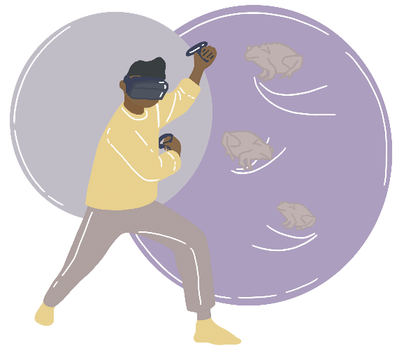 an illustration of a person wearing VR goggles and toads nearby