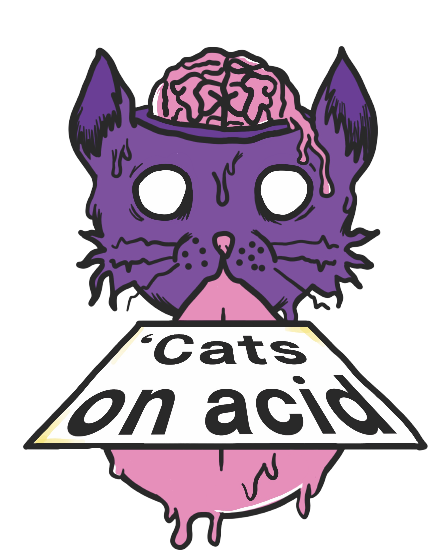 a cat with a tab of acid on its tongue that reads the headline 'Cats on acid'