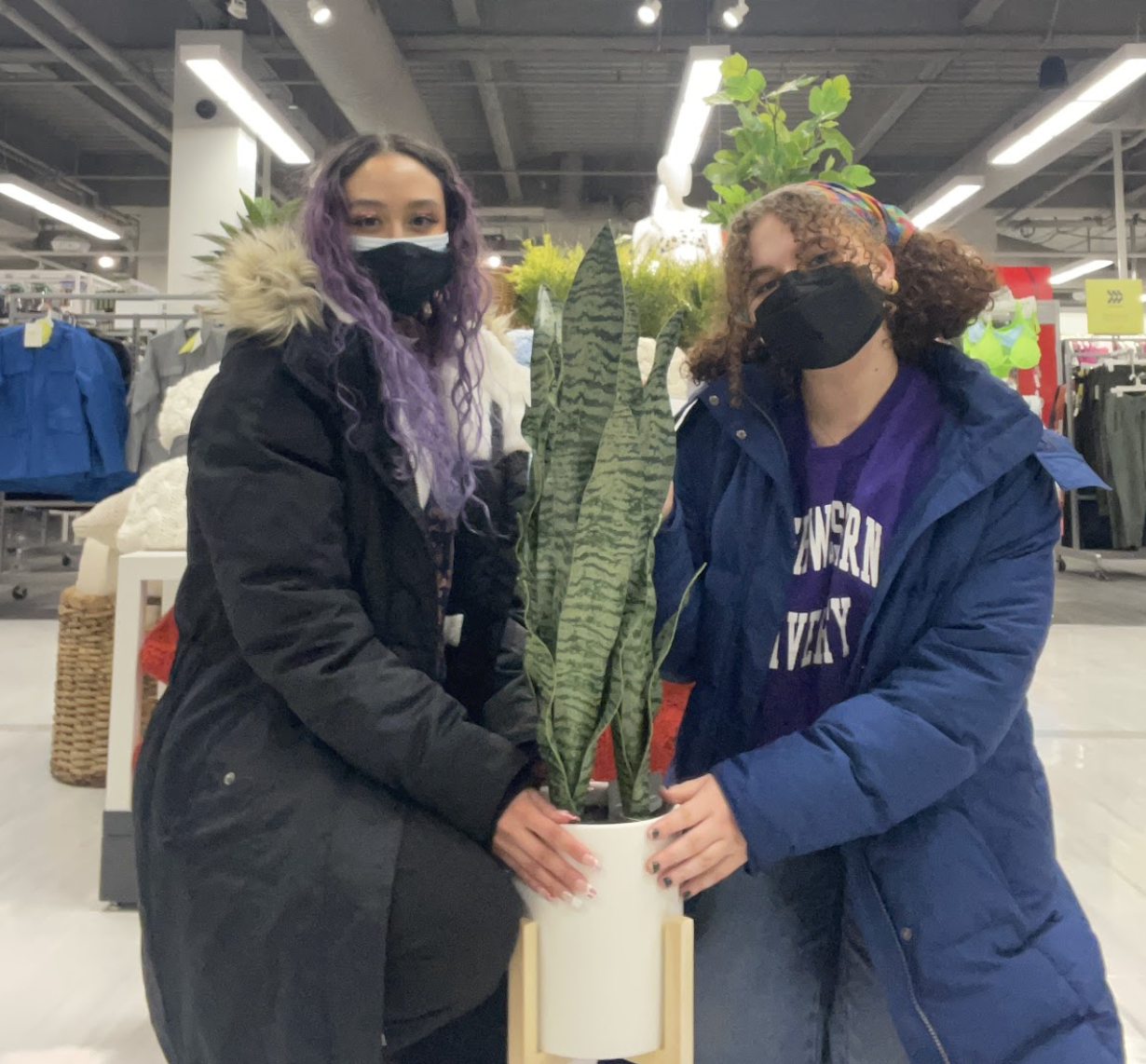  Ashley and Gabriela holding a fake plant at Target.