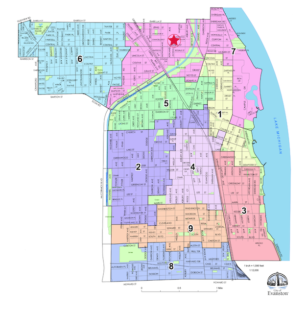 Map showing Evanston's nine wards and their boundaries.